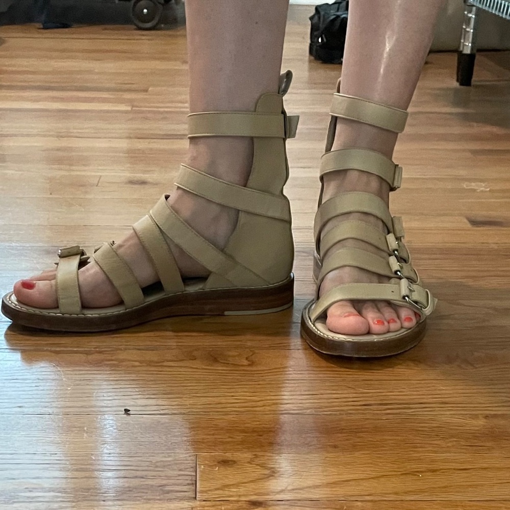 Ann Demeulemeester tan neutral flat leather gladiator buckle sandals 36.5